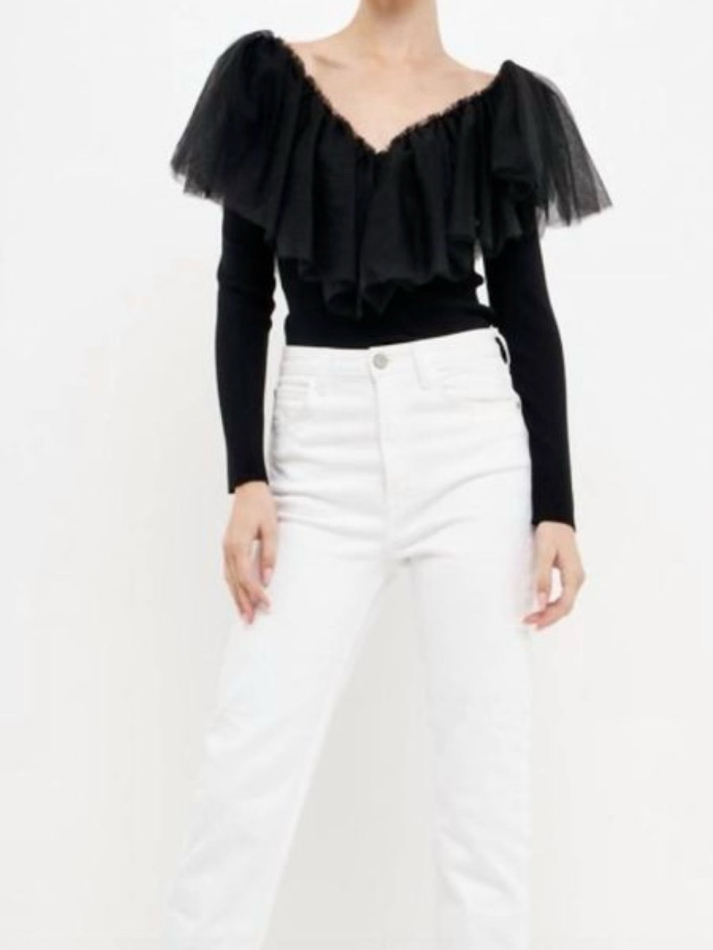 Endless Rose Black Tulle Ruffle Top Off Shoulder Long Sleeve Romantic Goth XS
